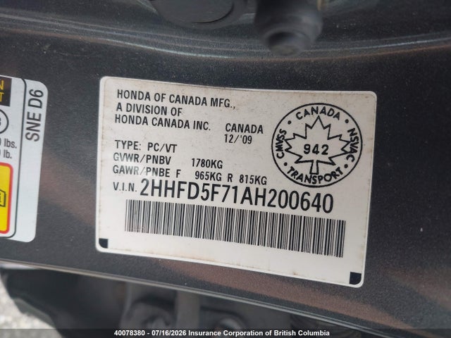 2010 Acura Csx მანქანა იყიდება აუქციონზე, vin: 2HHFD5F71AH200640, აუქციონის ნომერი: 40078380