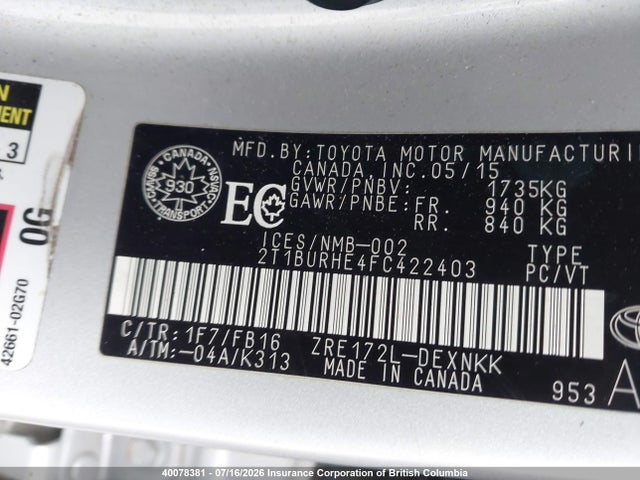 40078381 :رقم المزاد ، 2T1BURHE4FC422403 vin ، 2015 Toyota Corolla L/le/le Pls/prm/s/s Pls مزاد بيع