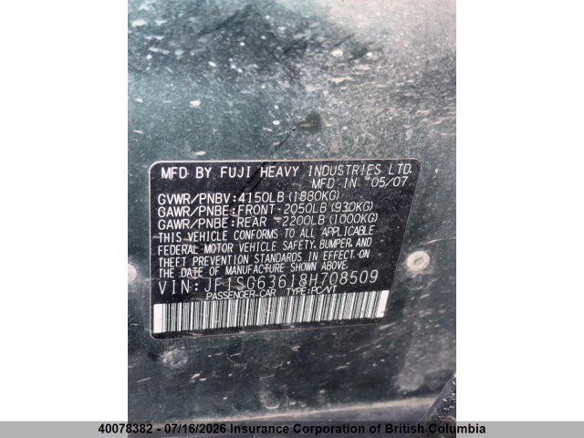 40078382 :رقم المزاد ، JF1SG63618H708509 vin ، 2008 Subaru Forester X مزاد بيع