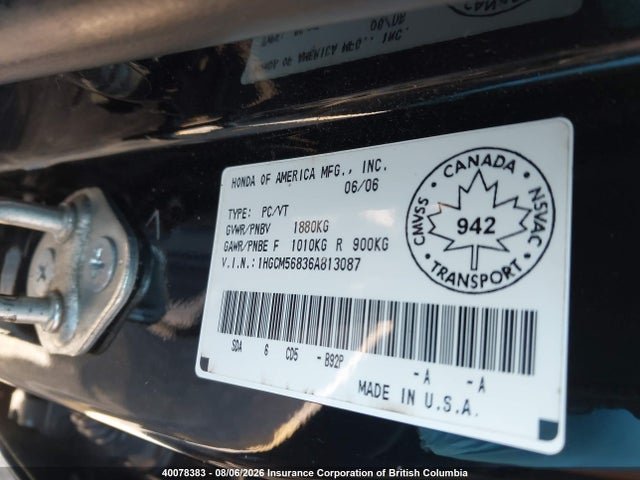 2006 Honda Accord Ex-l მანქანა იყიდება აუქციონზე, vin: 1HGCM56836A813087, აუქციონის ნომერი: 40078383