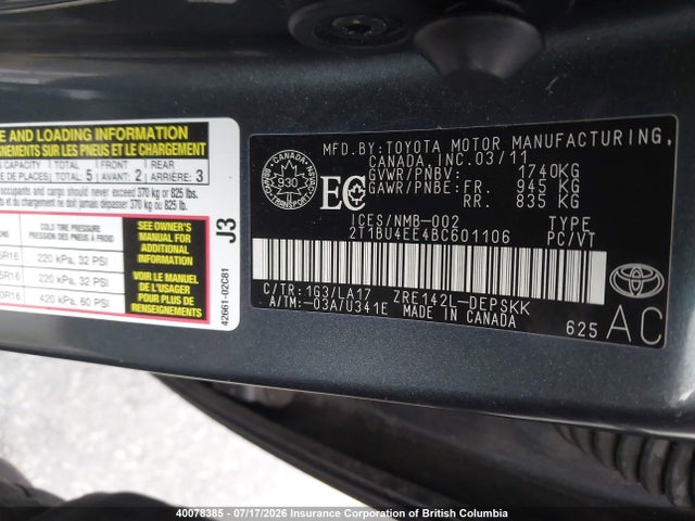 40078385 :رقم المزاد ، 2T1BU4EE4BC601106 vin ، 2011 Toyota Corolla S/le مزاد بيع