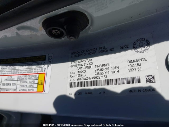 2HKRW2H93NH227133 Honda Cr-v Touring