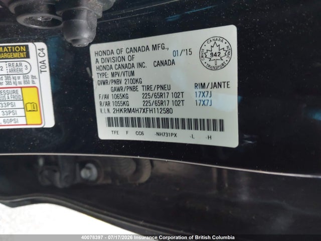 Honda CR-V 2015 2HKRM4H7XFH112580 Image 9