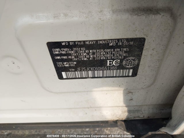 2016 Subaru Forester 2.5i Touring მანქანა იყიდება აუქციონზე, vin: JF2SJCXC6GH551988, აუქციონის ნომერი: 40078400