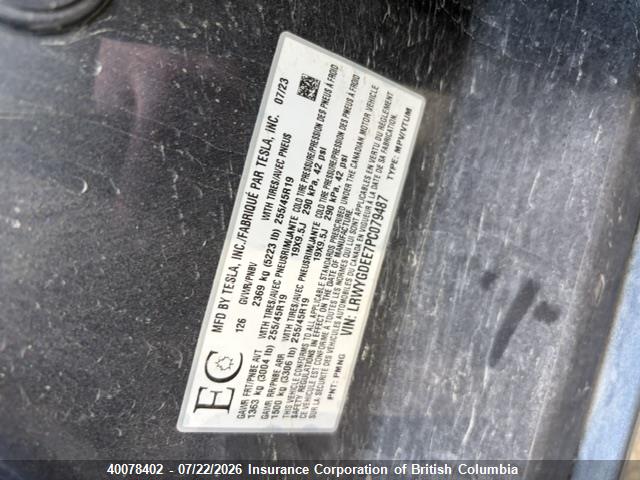 Aukcja sprzedaży 2023 Tesla Model Y, vin: LRWYGDEE7PC079487, numer aukcji: 40078402