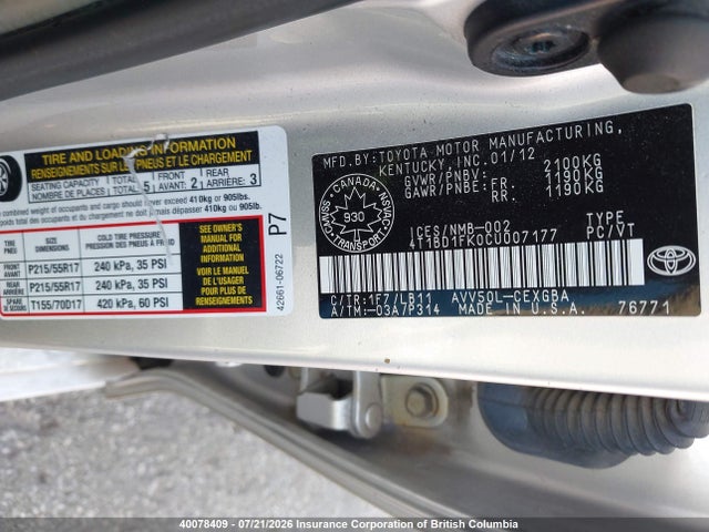 Продаж на аукціоні авто 2012 Toyota Camry, vin: 4T1BD1FK0CU007177, номер лоту: 40078409