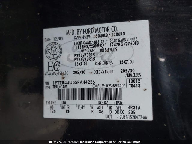 40071774 :رقم المزاد ، 1FTZR44U55PA44236 vin ، 2005 Ford Ranger Super Cab مزاد بيع