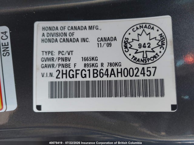 Продажа на аукционе авто 2010 Honda Civic, vin: 2HGFG1B64AH002457, номер лота: 40078419
