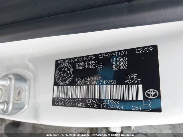 Продаж на аукціоні авто 2009 Toyota Yaris, vin: JTDBT903491342458, номер лоту: 40078421