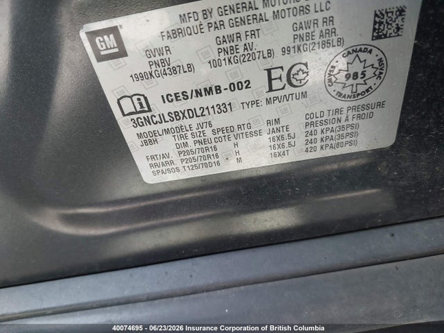 2013 Chevrolet Trax 1lt მანქანა იყიდება აუქციონზე, vin: 3GNCJLSBXDL211331, აუქციონის ნომერი: 40074695