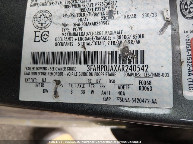 40074731 :رقم المزاد ، 3FAHP0JAXAR240542 vin ، 2010 Ford Fusion Sel مزاد بيع