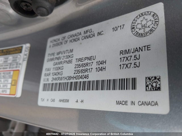 Honda CR-V 2017 2HKRW1H38HH004046 Image 9