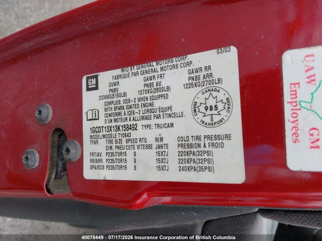 2003 Chevrolet  მანქანა იყიდება აუქციონზე, vin: 1GCDT13X13K158492, აუქციონის ნომერი: 40078449