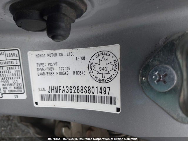 2008 Honda Civic მანქანა იყიდება აუქციონზე, vin: JHMFA36268S801497, აუქციონის ნომერი: 40078454