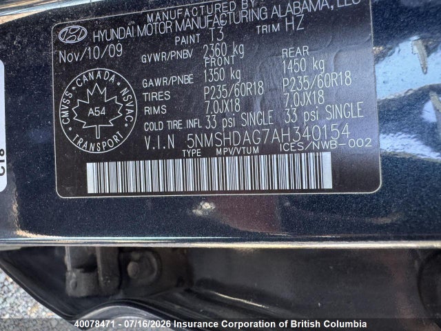 40078471 :رقم المزاد ، 5NMSHDAG7AH340154 vin ، 2010 Hyundai Santa Fe Se مزاد بيع