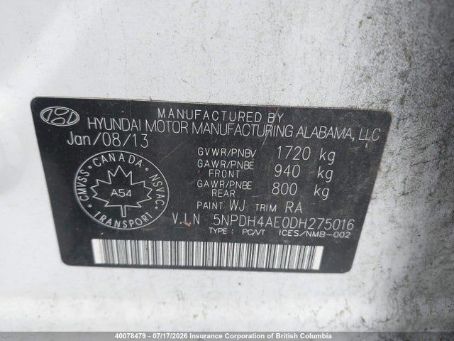 40078479 :رقم المزاد ، 5NPDH4AE0DH275016 vin ، 2013 Hyundai Elantra Gls/limited مزاد بيع
