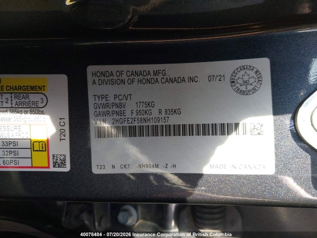 Honda Civic 2022 2HGFE2F58NH109157 Image 9
