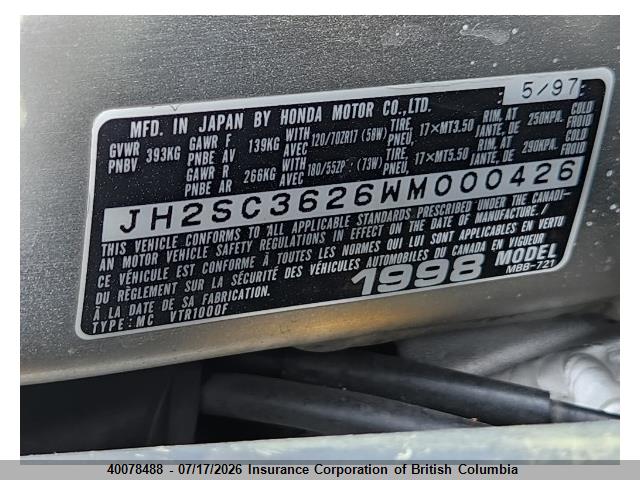 40078488 :رقم المزاد ، JH2SC3626WM000426 vin ، 1998 Honda Vtr1000 F/canada مزاد بيع