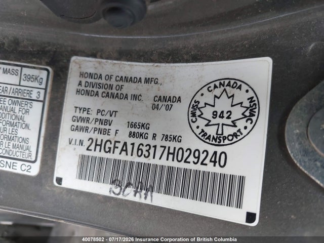 40078502 :رقم المزاد ، 2HGFA16317H029240 vin ، 2007 Honda Civic مزاد بيع