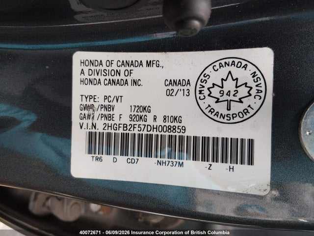 Продаж на аукціоні авто 2013 Honda Civic Lx, vin: 2HGFB2F57DH008859, номер лоту: 40072671