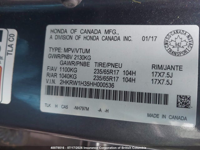 Honda CR-V 2017 2HKRW1H35HH000536 Image 9