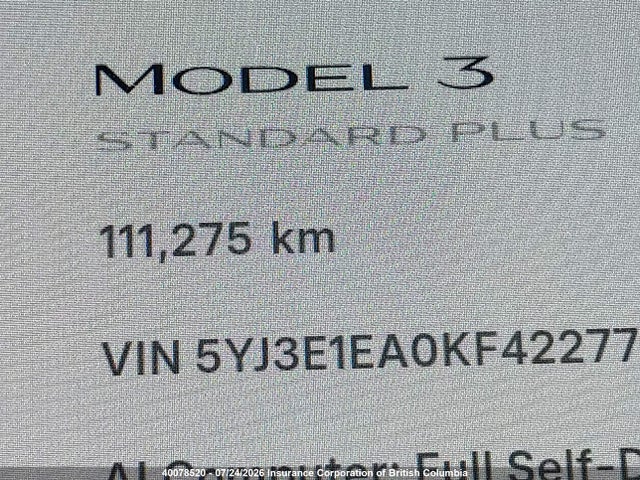 Auction sale of the 2019 Tesla Model 3, vin: 5YJ3E1EA0KF422778, lot number: 40078520
