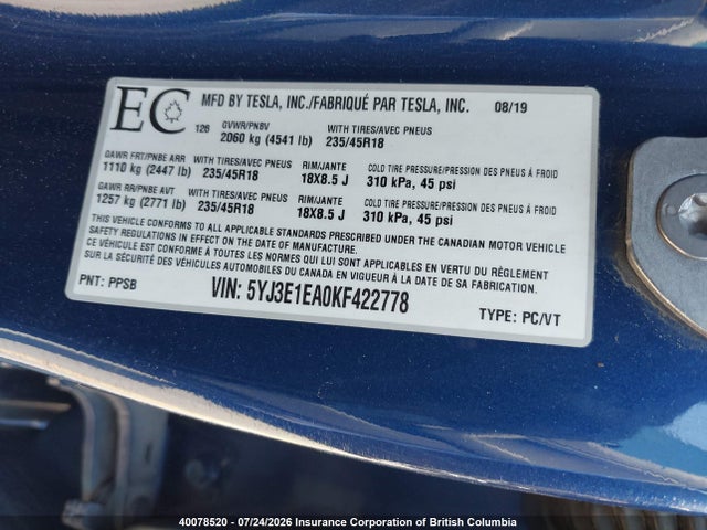 Auction sale of the 2019 Tesla Model 3, vin: 5YJ3E1EA0KF422778, lot number: 40078520