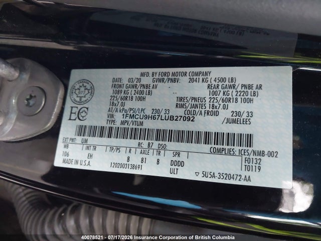 Ford ESCAPE SEL 2020 1FMCU9H67LUB27092 Image 9