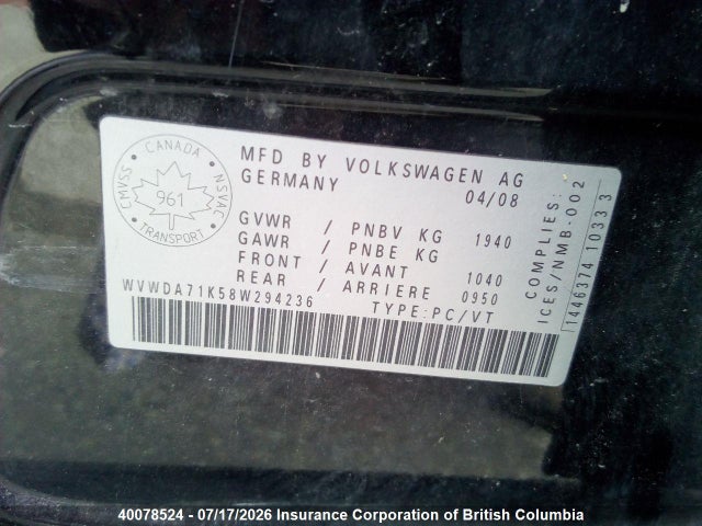 Aukcja sprzedaży 2008 Volkswagen Rabbit 5-door Trendline, vin: WVWDA71K58W294236, numer aukcji: 40078524