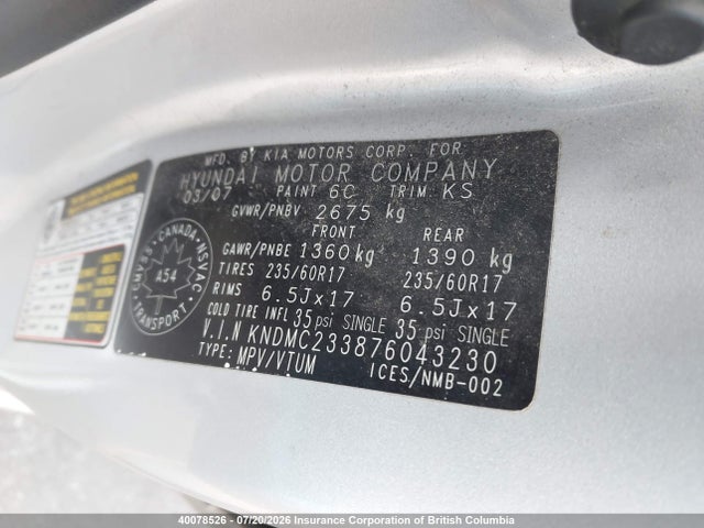 40078526 :رقم المزاد ، KNDMC233876043230 vin ، 2007 Hyundai Entourage Gls/se/limited مزاد بيع