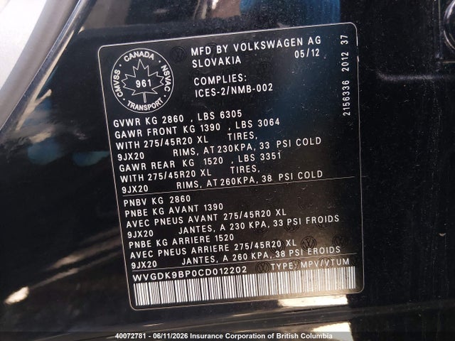 Aukcja sprzedaży 2012 Volkswagen Touareg Tdi, vin: WVGDK9BP0CD012202, numer aukcji: 40072781