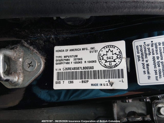 Продаж на аукціоні авто 2007 Honda Cr-v Ex, vin: 5J6RE48587L806560, номер лоту: 40075197