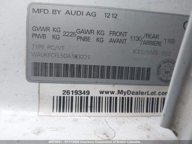 40078531 :رقم المزاد ، WAUKFCFL5DA183225 vin ، 2013 Audi A4 مزاد بيع