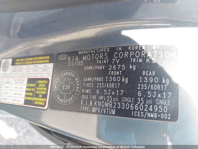 2006 Kia Sedona Ex/lx მანქანა იყიდება აუქციონზე, vin: KNDMB233066024950, აუქციონის ნომერი: 40078532