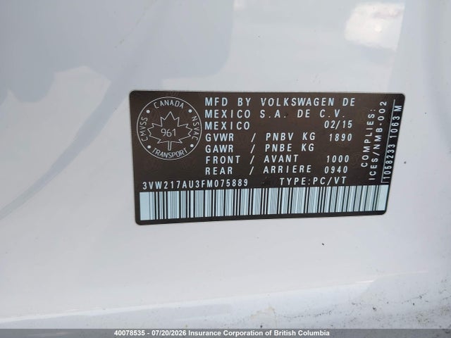 Volkswagen Golf 2015 3VW217AU3FM075889 Image 9