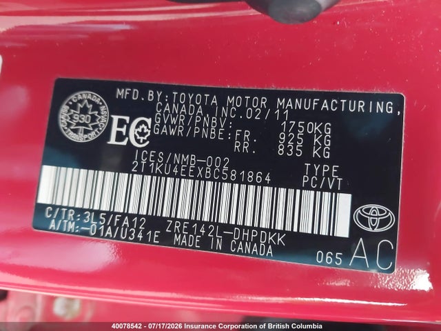 40078542 :رقم المزاد ، 2T1KU4EEXBC581864 vin ، 2011 Toyota Corolla Matrix مزاد بيع