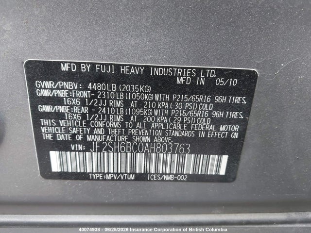 Продаж на аукціоні авто 2010 Subaru Forester Xs, vin: JF2SH6BC0AH803763, номер лоту: 40074938