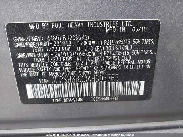 Продаж на аукціоні авто 2010 Subaru Forester Xs, vin: JF2SH6BC0AH803763, номер лоту: 40074938