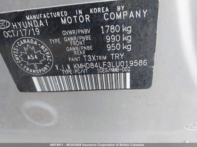40074511 :رقم المزاد ، KMHD84LF3LU019586 vin ، 2020 Hyundai Elantra Sel/value/limited مزاد بيع