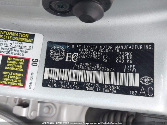 Продаж на аукціоні авто 2016 Toyota Corolla L/le/le Pls/prm/s/s Pls, vin: 2T1BURHE2GC677875, номер лоту: 40078575