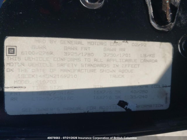 1992 Chevrolet Sierra მანქანა იყიდება აუქციონზე, vin: 1GCEK14K3NZ169210, აუქციონის ნომერი: 40078583