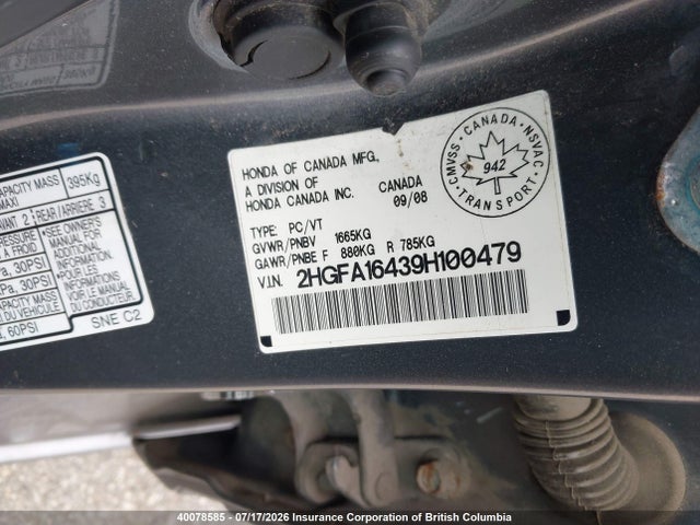 40078585 :رقم المزاد ، 2HGFA16439H100479 vin ، 2009 Honda Civic مزاد بيع