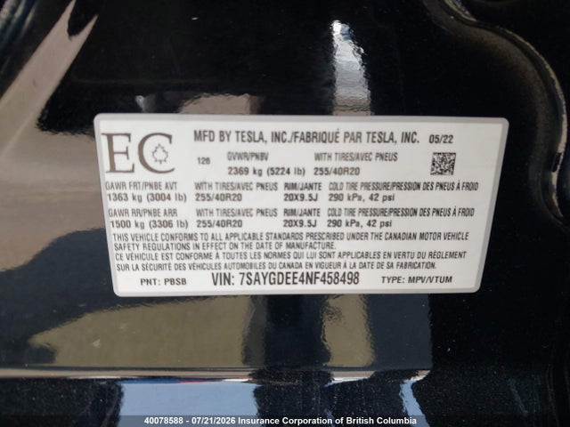 Aukcja sprzedaży 2022 Tesla Model Y, vin: 7SAYGDEE4NF458498, numer aukcji: 40078588