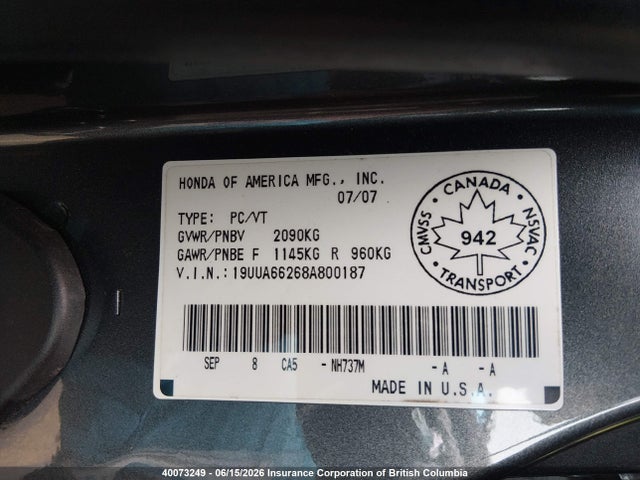 Aukcja sprzedaży 2008 Acura Tl, vin: 19UUA66268A800187, numer aukcji: 40073249