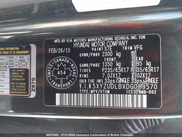 40078202 :رقم المزاد ، 5XYZUDLBXDG069570 vin ، 2013 Hyundai Santa Fe Sport مزاد بيع