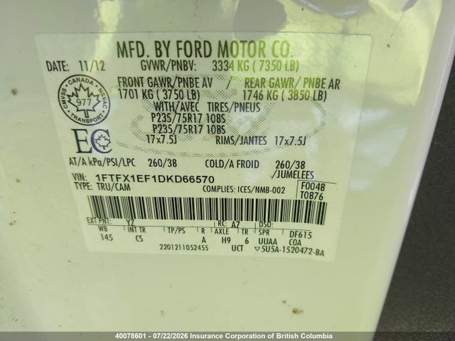 Aukcja sprzedaży 2013 Ford F150, vin: 1FTFX1EF1DKD66570, numer aukcji: 40078601