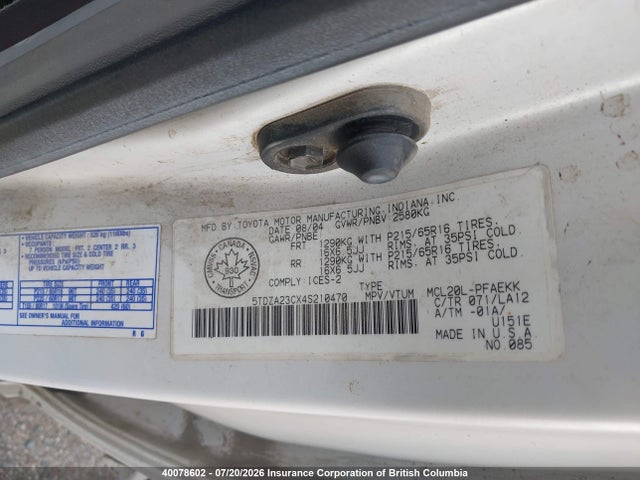 Продаж на аукціоні авто 2004 Toyota Sienna Ce/le, vin: 5TDZA23CX4S210470, номер лоту: 40078602