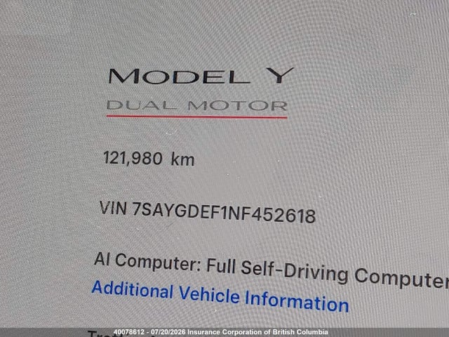 Продажа на аукционе авто 2022 Tesla Model Y, vin: 7SAYGDEF1NF452618, номер лота: 40078612