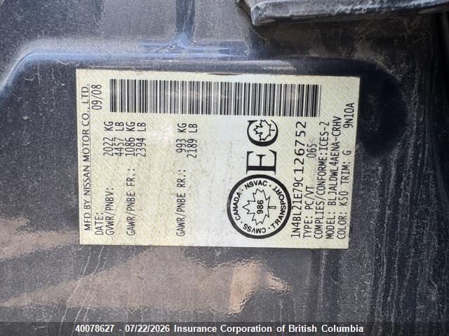 40078627 :رقم المزاد ، 1N4BL21E79C126752 vin ، 2009 Nissan Altima 3.5se/3.5sl مزاد بيع
