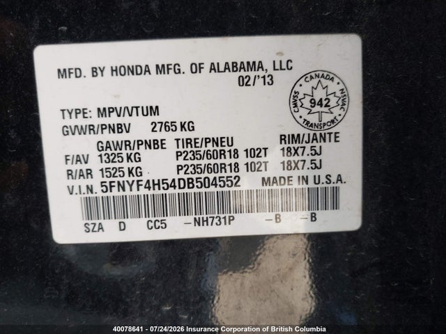 2013 Honda Pilot მანქანა იყიდება აუქციონზე, vin: 5FNYF4H54DB504552, აუქციონის ნომერი: 40078641